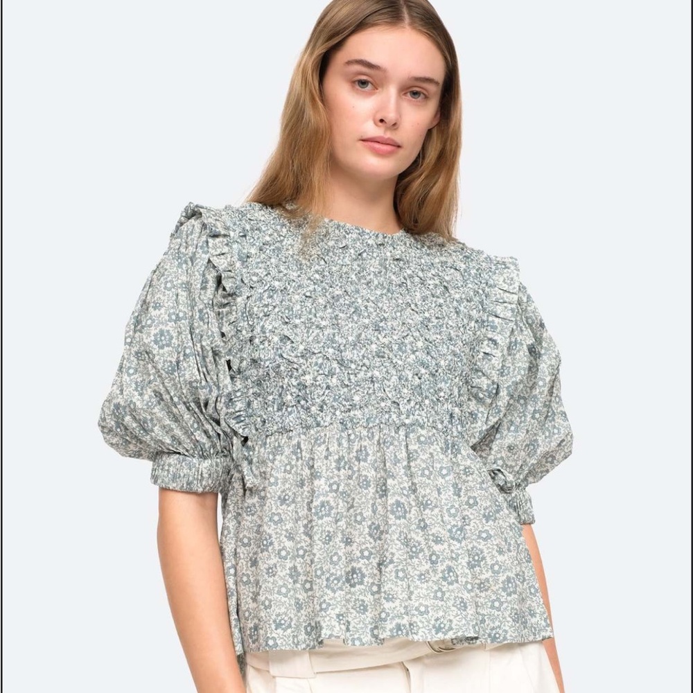 Sea New York Ida Smock Top Blue Floral Tie Puff Sleeve Size XXS